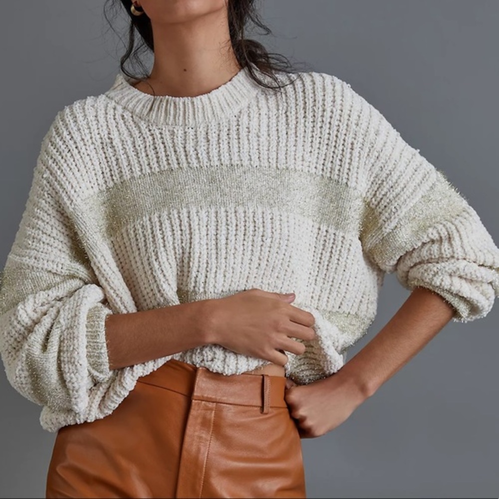 NWT Raga Ellen Tinsel Chenille Sweater Anthropologie Cream Metallic Small - Picture 12 of 12